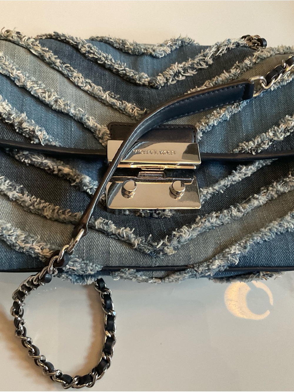 Michael Kors Frayed Chevron Denim Crossbody Bag in Blue - Picture 2 of 11